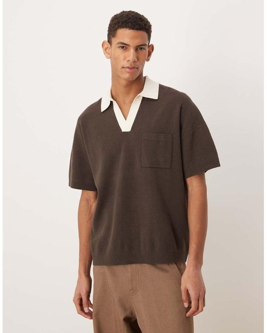 ASOS Brown Relaxed Knitted Notch Neck Polo With Front Pocket for men