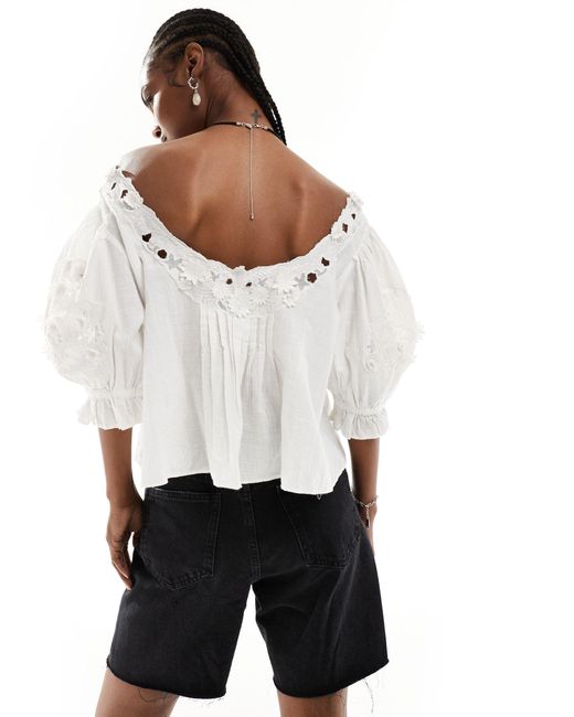 Free People White Lace Applique Cropped Cotton Blouse