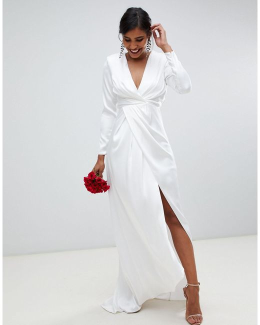 ASOS White Sadie Pleated Plunge Wrap Wedding Dress