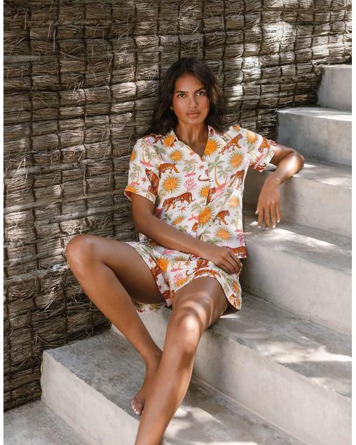Chelsea Peers Brown Fiesta Siesta All Over Print V-neck Button Up Short Nightwear Set