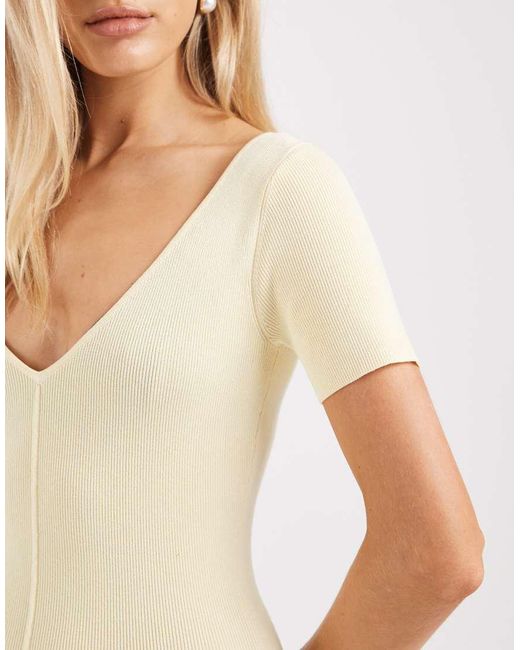 4th & Reckless Natural Fine Knit V Neck Seam Front Detail Maxi Dress
