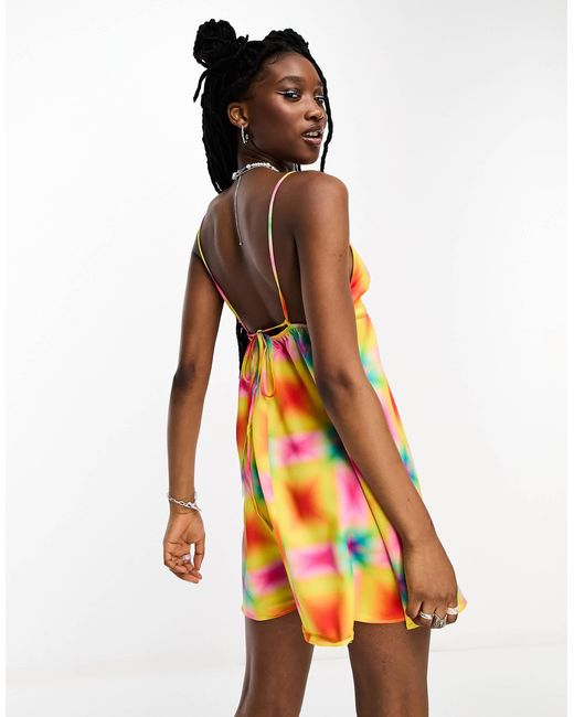 Collusion Multicolor Mini Printed Satin Summer Slip Dress