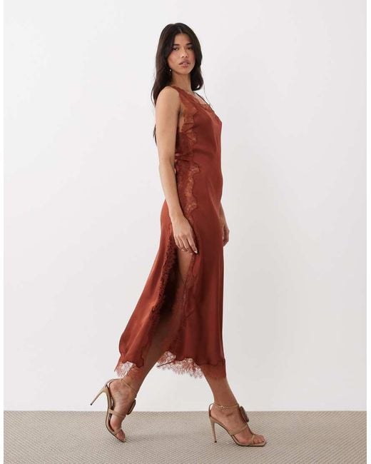 Mango Brown Capsule Asymmetric Satin Midi Dress With Lace Trim