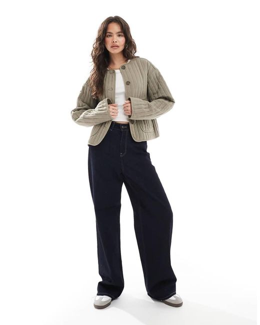 ASOS Natural Linen Crop Collarless Quilted Jacket