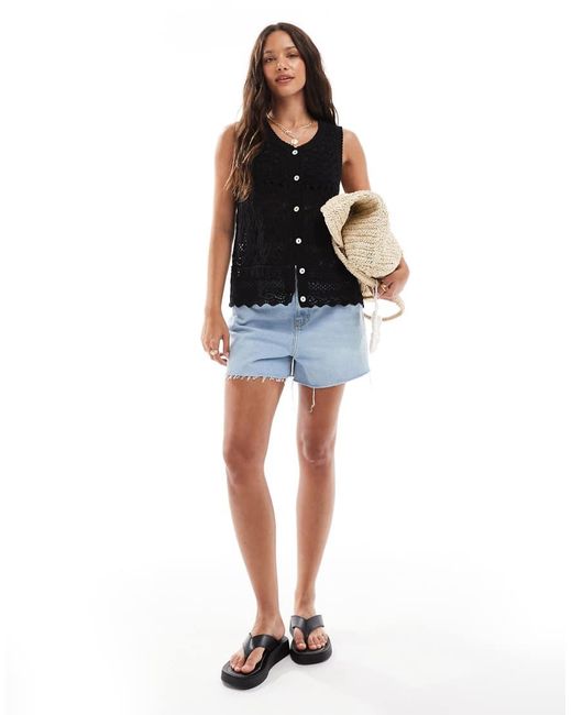Brave Soul Black Open Knit Crochet Waistcoat With Pocket Detail