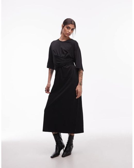 ARKET Black Cotton Blend Half Sleeve Wrap Waist Midaxi Dress
