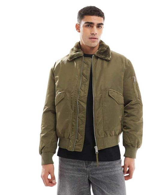 River Island Green Borg Collar Bomber Jacket for men