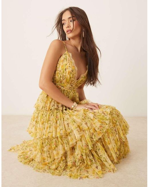 LACE & BEADS Metallic Lace Trim Tiered Maxi Dress