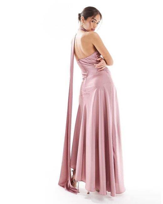 TFNC London Pink Bridesmaids Satin Asymmetric Maxi Dress With Scarf Neck