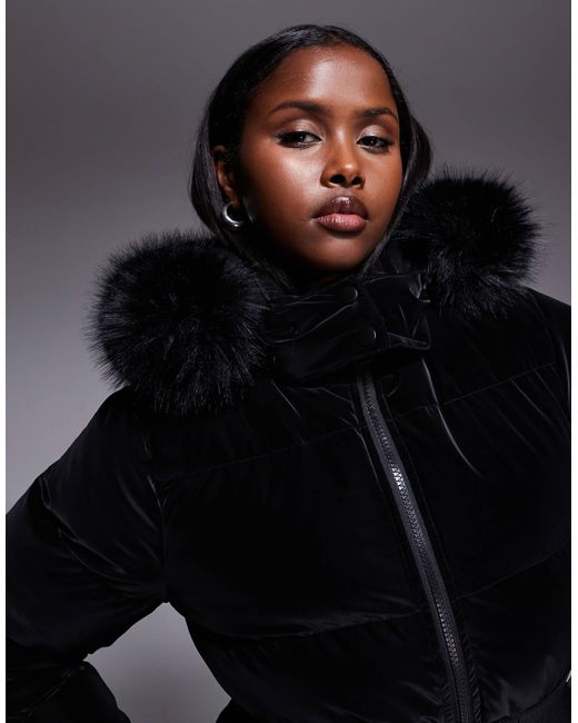 Threadbare Black Ski Shine Puffer Jacket With Faux Fur Collar