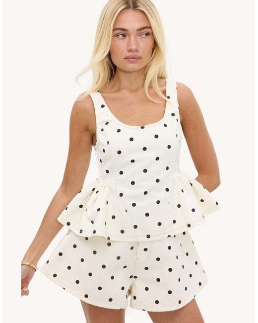 Loavies White Shimmering Devotion Off- Peplum Top With Polka Dots