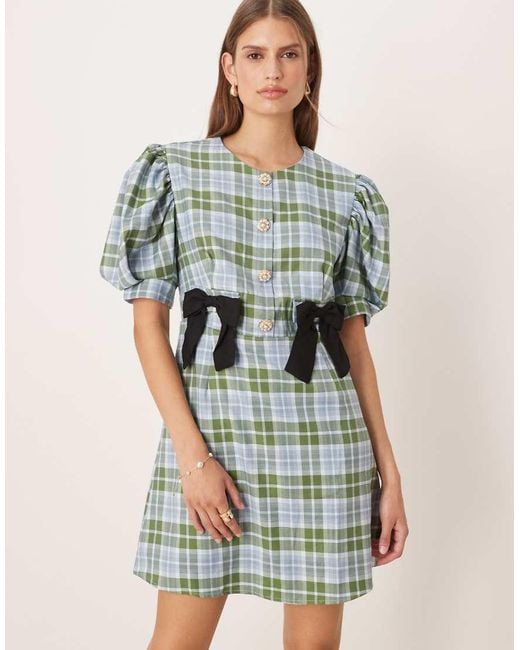 Sister Jane Green Puff Sleeve Tailored Mini Dress With Bow Detail