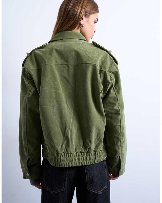 TOPSHOP Green Faux Suede Quilted Lined Bomber Jacket With Popper Details