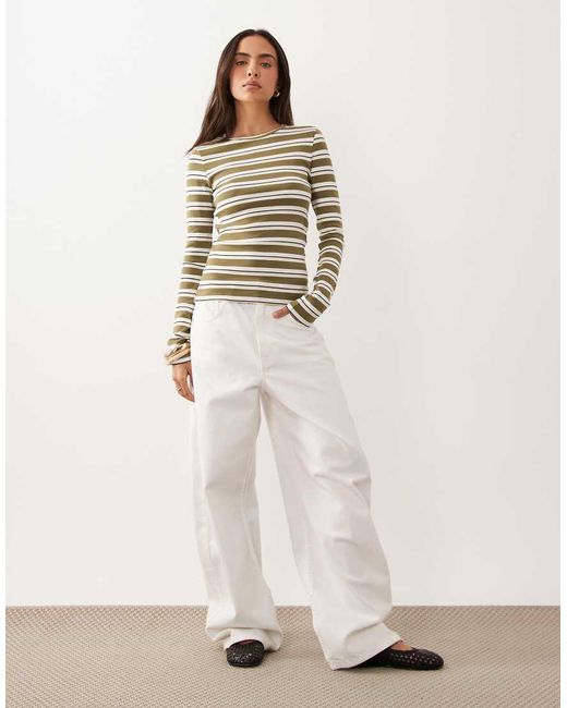 Gina Tricot Brown Jersey Rib Round Neck Long Sleeve Top