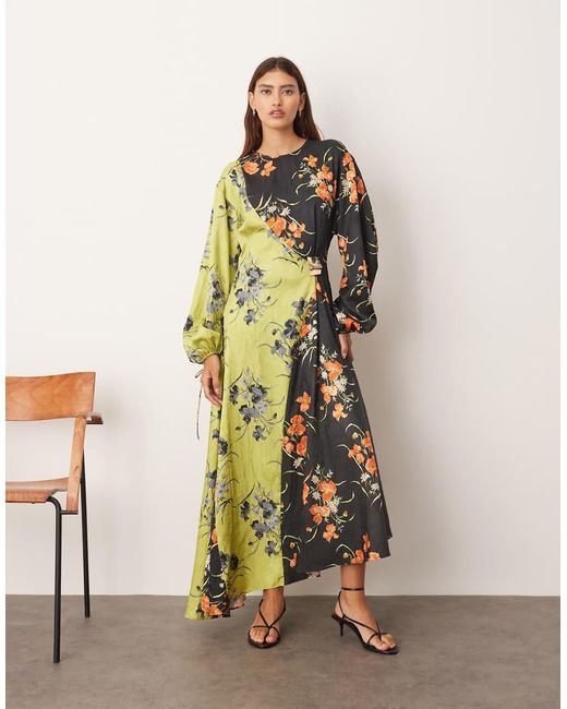 ARRANGE Multicolor Crinkle Satin Long Sleeve Maxi Dress With Trim