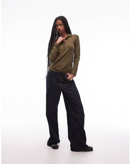 ARKET Black Stretch Jersey Rib Top With Deep Placket Polo Collar
