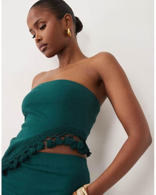 ASOS Green Crinkle Textured Tassel Fringe Trim Asymmetric Bandeau Top