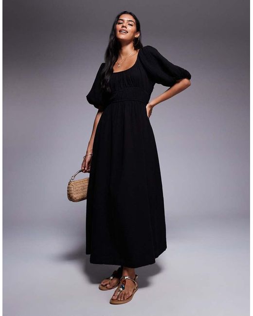 river island black linen dress River Island puff sleeve linen dress in black