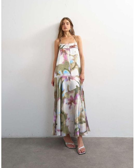 TOPSHOP White Satin Seamed Maxi Dress With Piped Edges