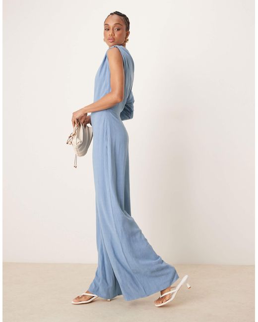 ASOS Blue Asos Design Tall Linen Fallen Shoulder Jumpsuit