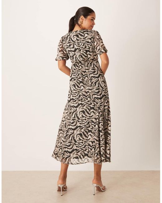 Lovedrobe Natural Animal Print Faux Wrap Puff Sleeve Midaxi Dress