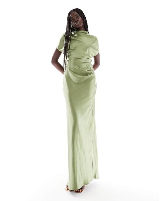 Six Stories Green Bridesmaid Ruched Drape Satin Maxi Dress