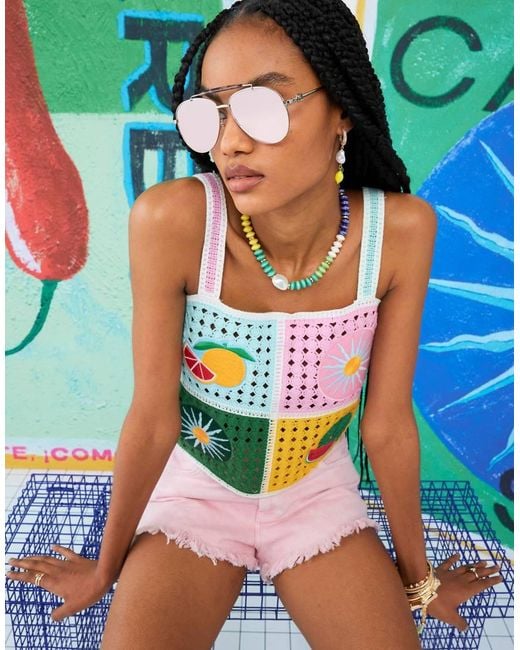 River Island Green Atlas Tropical Print Crochet Vest