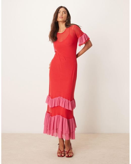 Never Fully Dressed Red Mesh Ruffle Maxi Dress