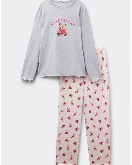 Tezenis Gray Teddy Bear Print Cotton Long Pyjamas