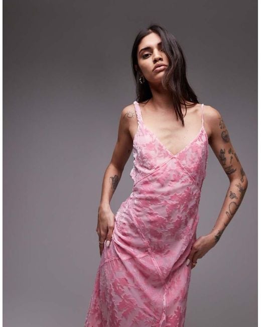 TOPSHOP Pink Burn Out Twist Shoulder Maxi Dress