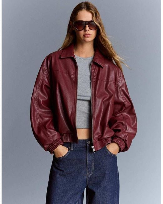 Bershka Red Faux Leather Oversized Jacket