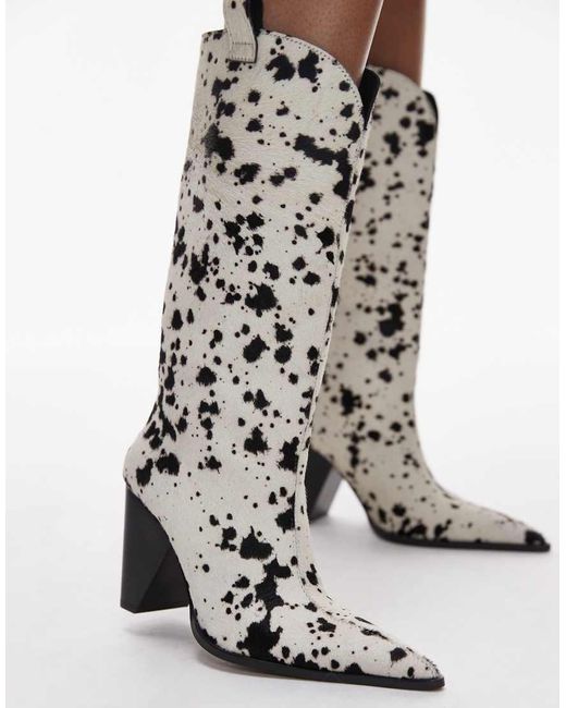 Botas De Tacón De Estilo Wéstern Con Estampado De Vaca De Cuero Premium Remy De TOPSHOP de color White