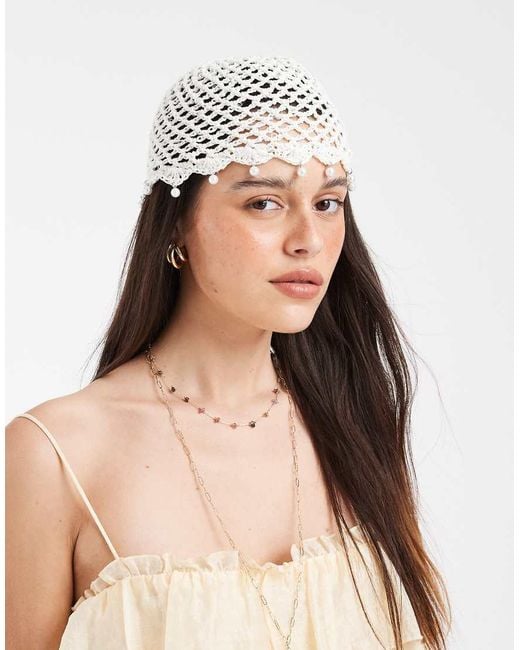 Gina Tricot Natural Crochet Beanie With Faux Pearl Trim