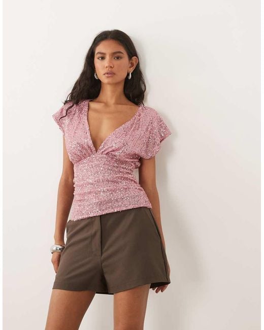 Miss Selfridge Sequin V-neck Top With Gathered Waist
