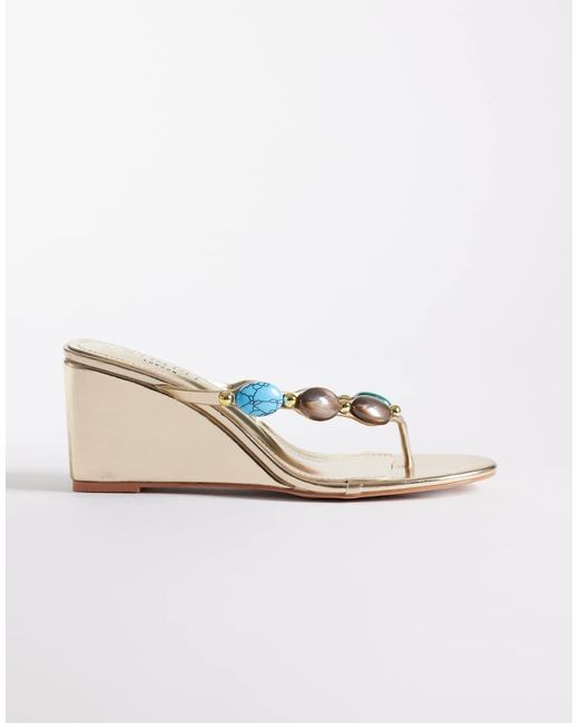 SIMMI Natural Simmi London Immy Toe Thong Wedge Sandals With Stone Detail