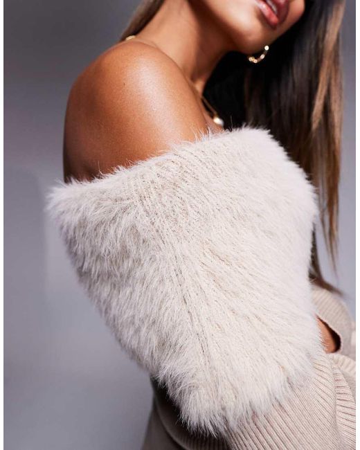 River Island Natural Bardot Jumper With Fluff Detail