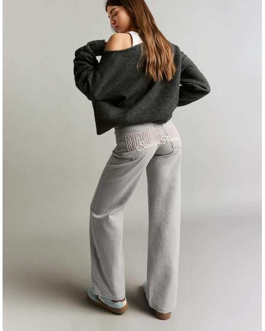 Bershka Gray Straight-Leg Twill Trousers