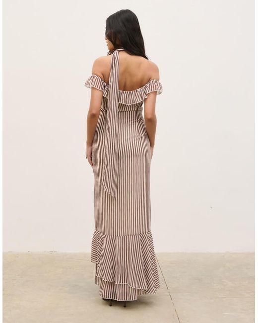 Pretty Lavish Brown Off The Shoulder Ruffle Maxi Dress With Corsage Scarf