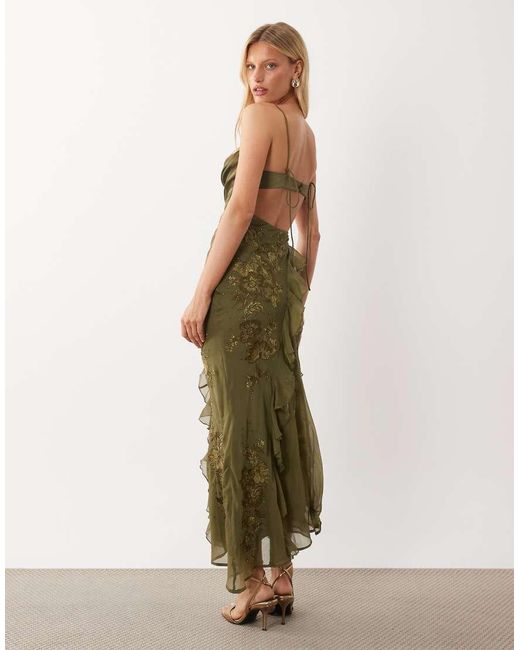 ASOS Green Embroidered & Beaded Cami Maxi Dress With Asymmetric Ruffle