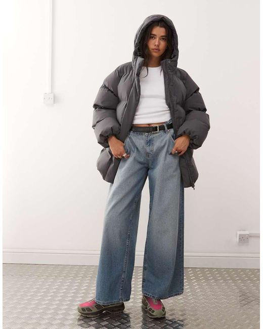 Weekday Gray Cinched Puffer Coat With Detachable Hood
