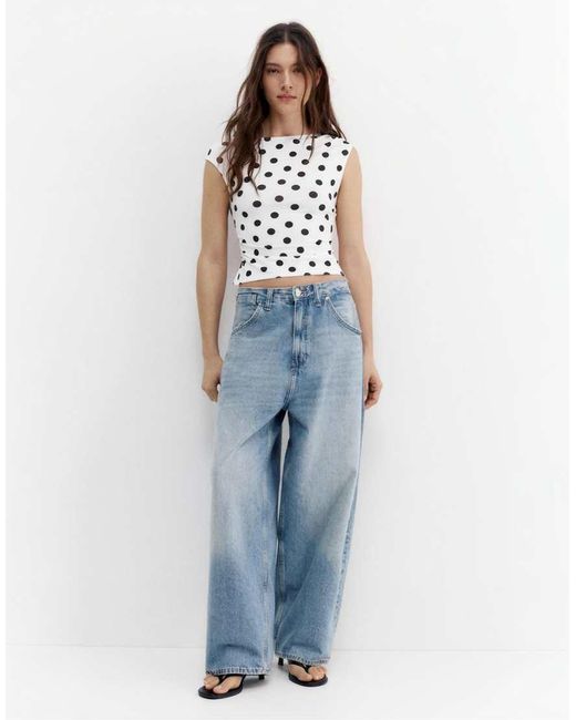 Pull&Bear Blue Gathered Polka Dot Asymmetric Top