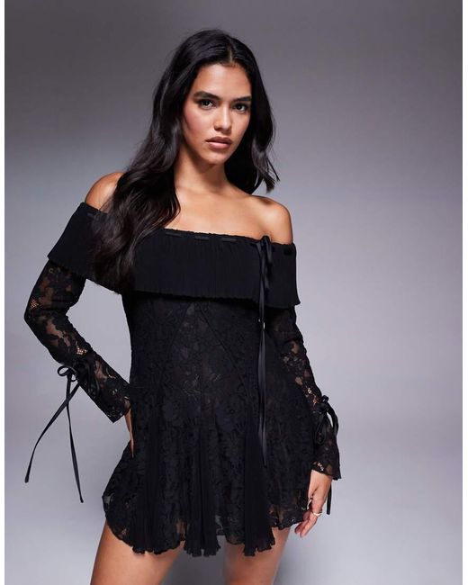 Murci Black Exclusive Lace Bardot Fit And Flare Godet Detail Mini Dress