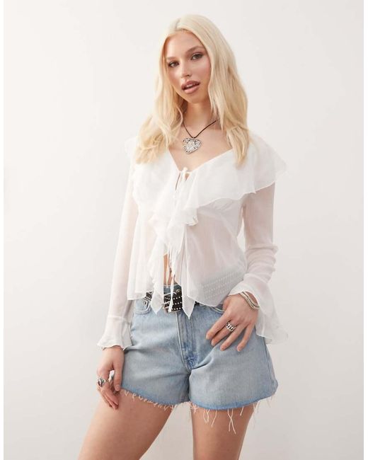 Reclaimed Vintage White Tie Front Boho Blouse With Ruffles