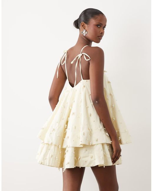 ASOS Natural Halter Neck Mini Dress With Pearl Embellished Beads