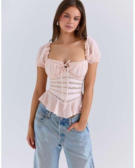 House Of Cb Blue Cara Lace Peplum Top