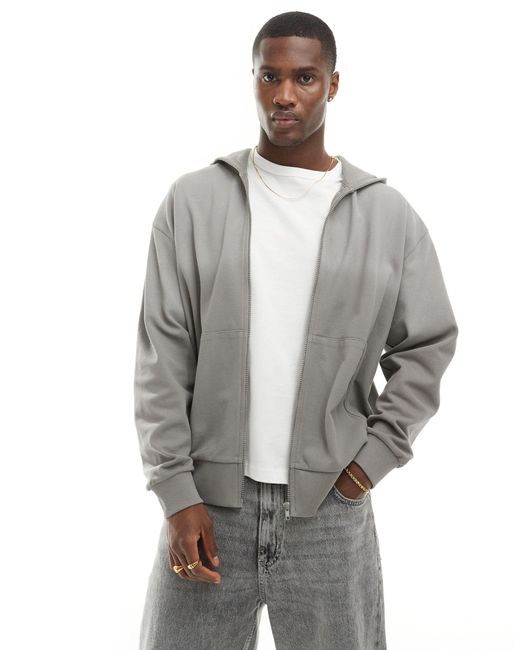 ASOS Gray Oversized Pique Washed Zip Through Hoodie for men