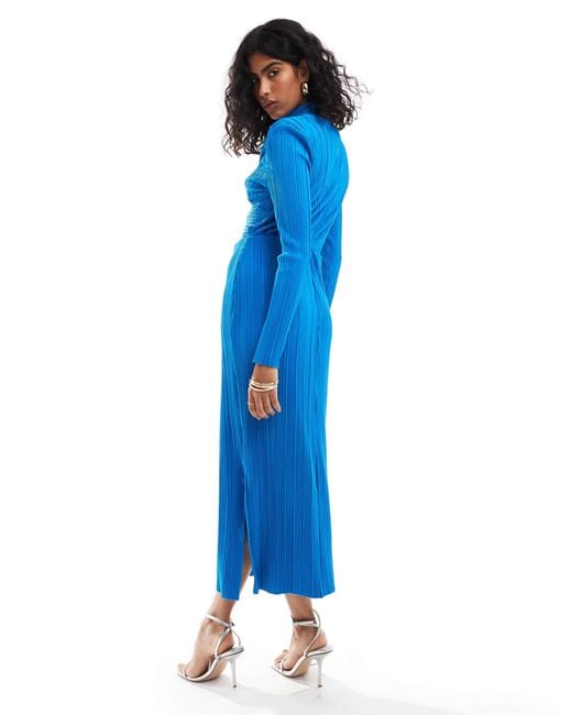 Y.A.S Blue High Neck Plisse Midi Dress
