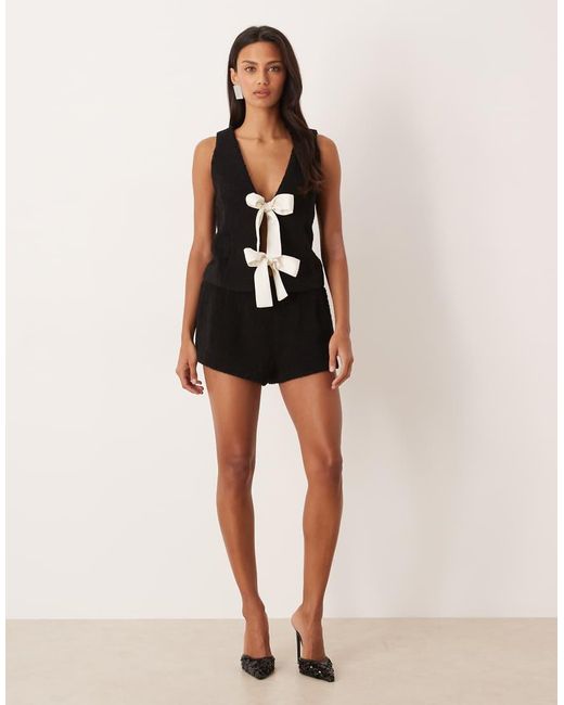 For Love & Lemons Black Boucle Bow Front Singlet
