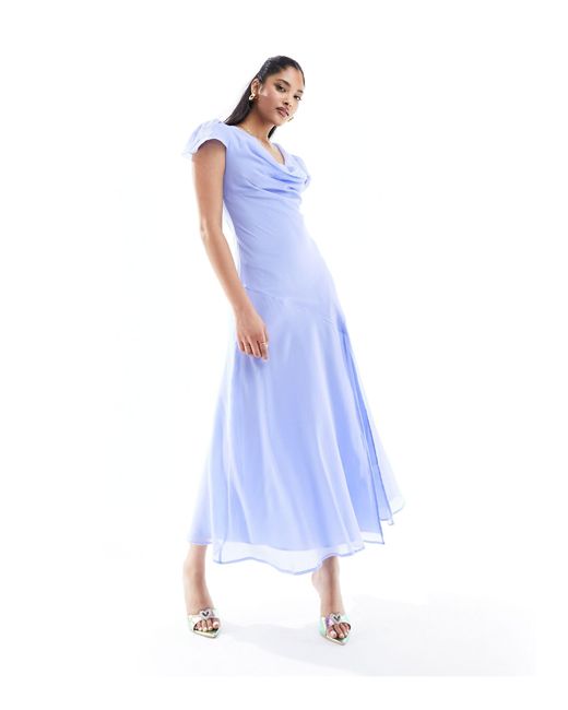 ASOS Blue Chiffon Cowl Neck Midi Dress With Puff Sleeves And Asymmetric Hem