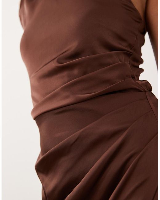 TFNC London Brown Tfnc Bridesmaid Petite Satin One Shoulder Drape Back Split Detail Maxi Dress